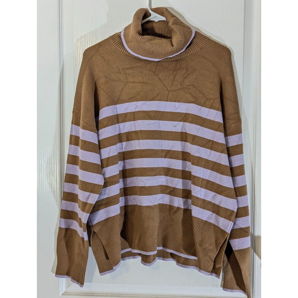 Striped Turtleneck Pullover Sweater – Size XL  Camel Brown & Lilac (Tahari)